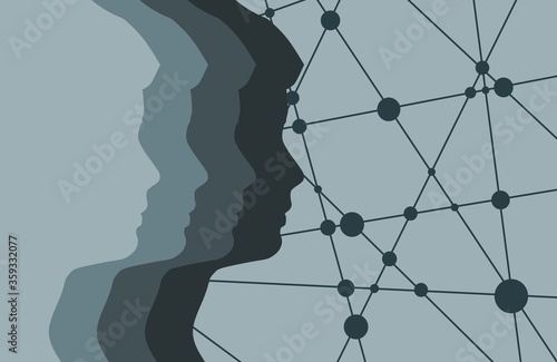 Silhouettes of the head of men. Mental health relative brochure or report design template. Scientific medical designs. Teamwork and communication concept. Connected lines with dots.