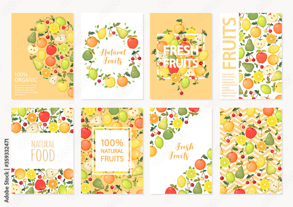 Collection of vector cards and banners with colorful cartoon fruits apple, orange, pear, cherry, lemon and lime