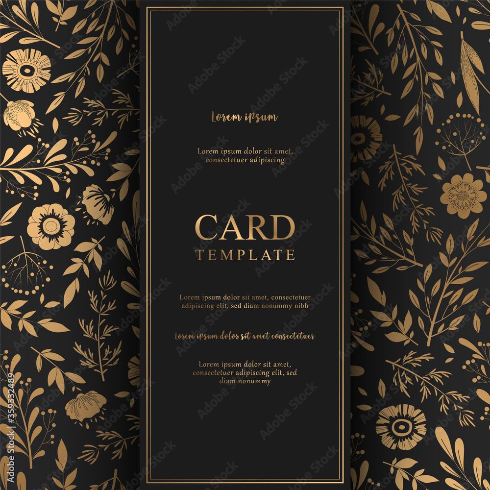 Floral vector card with hand drawn gold flowers, herbs, leaves and branches pattern on black background. Design template for print, fabric, invitation, brochure, card, cover, wallpaper Floral vector card with hand drawn gold flowers, herbs, leaves and branches pattern on black background. Design template for print, fabric, invitation, brochure, card, cover, wallpaper