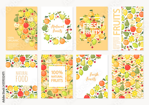 Collection of vector cards and banners with colorful cartoon fruits apple, orange, pear, cherry, lemon and lime
