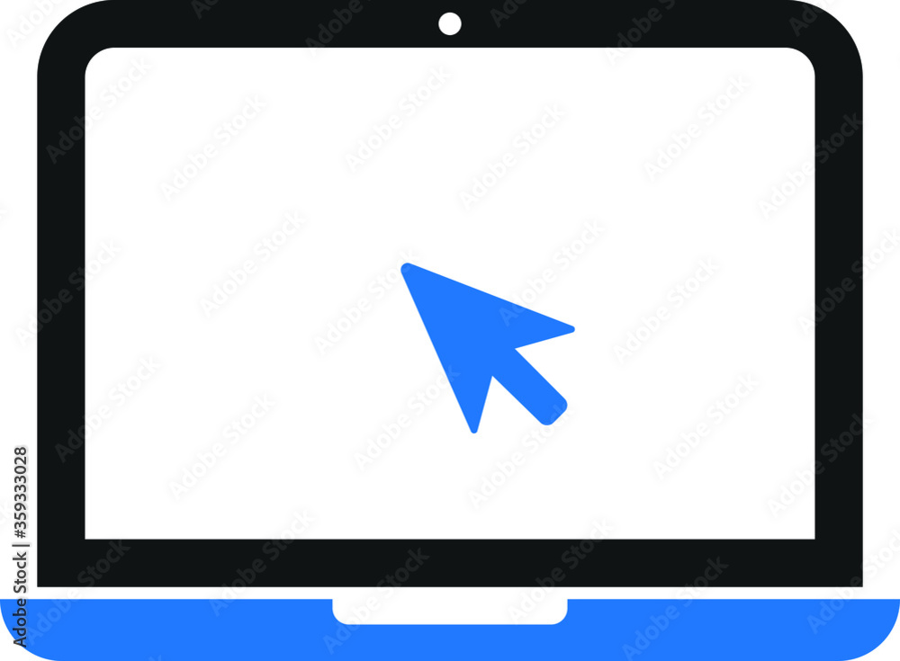 Laptop with pointer or cursor icon isolated. Notebook screen template. Display with clicking mouse on white background. Laptop with pointer or cursor icon isolated. Notebook screen template. Display with clicking mouse on white background.