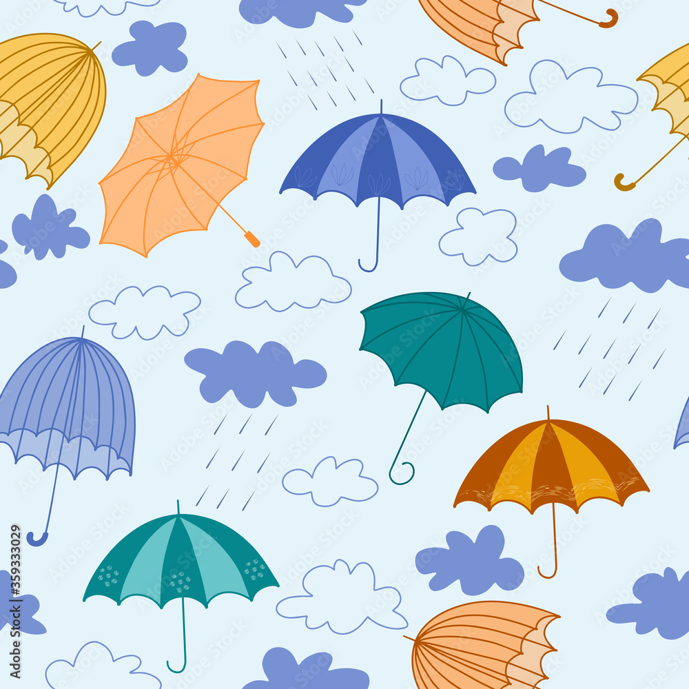 Obraz premium Seamless children's pattern with colorful umbrellas and cloud outlines. Creative children's hand-drawn texture for packaging, textiles, fabric, Wallpaper, clothing. Vector illustration.