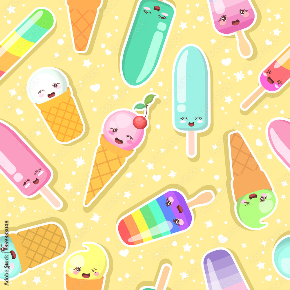 Seamless vector pattern with cute colorful cartoon ice cream characters on yellow background. Design for print, fabric, wallpaper, card