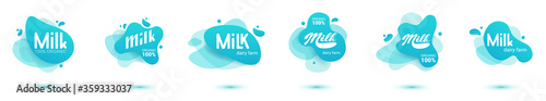Milk badge and dairy labels with splashes and bolts. Milk badge with drop and splash for labels of package. Liquid amoeba shapes.