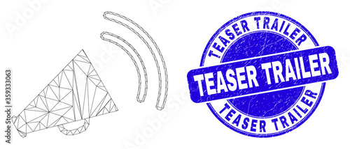 Web carcass megaphone sound pictogram and Teaser Trailer stamp. Blue vector rounded grunge stamp with Teaser Trailer text. Abstract carcass mesh polygonal model created from megaphone sound icon.