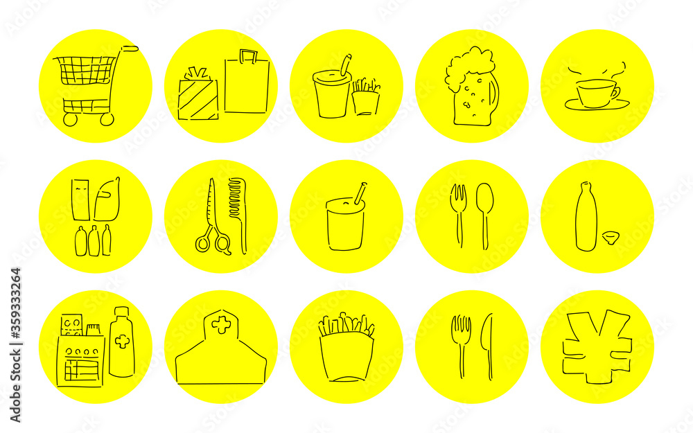 ラフな手書き風アイコンセット 買い物と飲食系のベクターイラスト Stock Vector Adobe Stock