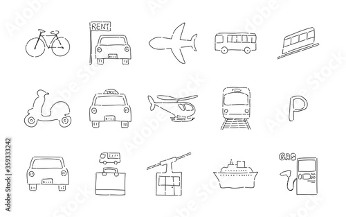 ラフな手書き風アイコンセット：乗物系のベクターイラスト