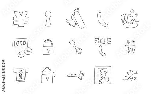 ラフな手書き風アイコンセット：セキュリティやお金のベクターイラスト