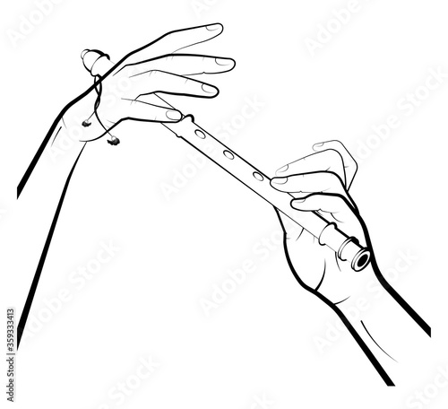 Mans hands playing on wooden pipe, flute. Musical folk wind instruments. Isolated vector on white background