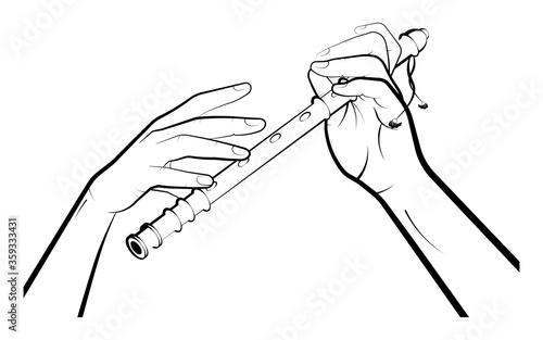 Mans hands are playing on a wooden pipe, flute. Musical folk wind instruments. Isolated vector on white background