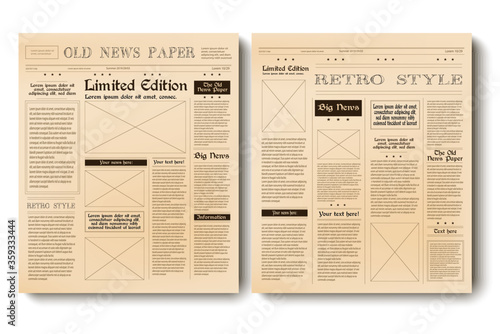 Realistic vector old vintage news paper in two 2 pages, template for your news and information page. photo