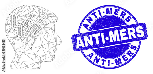 Web mesh migraine head icon and Anti-Mers seal stamp. Blue vector rounded grunge seal stamp with Anti-Mers phrase. Abstract carcass mesh polygonal model created from migraine head icon.