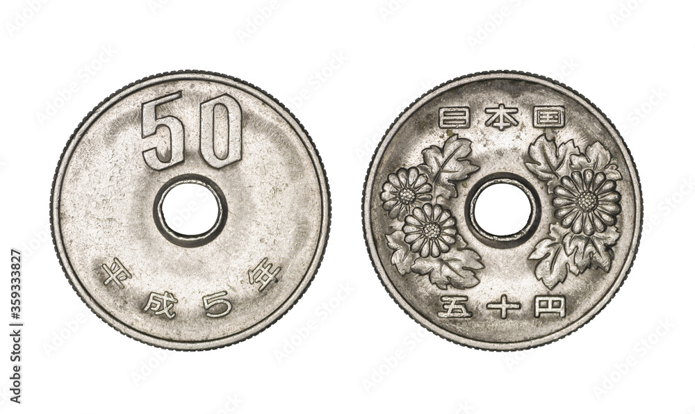 Fifty japanese yen coin, front and back faces Fifty japanese yen coin, front and back faces