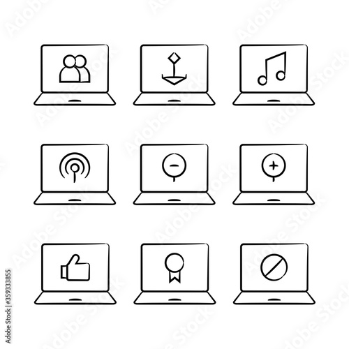 hand drawn laptop and web user interface icons set