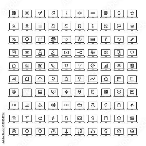 laptop computer and web interface line icons