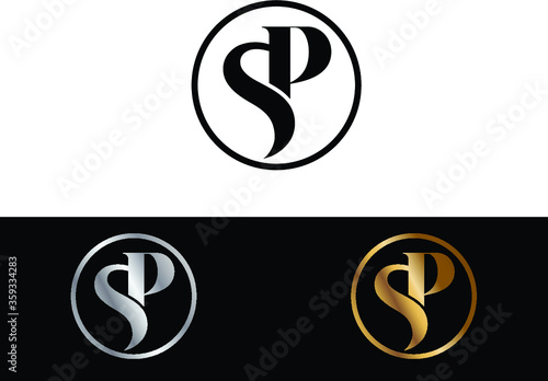 SP text gold black silver modern creative alphabet letter logo design vector icon photo