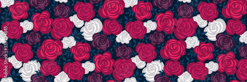 Elegant floral pattern with rich maroon, red, white roses, leaves on a dark background. Stylish Botanical print for Wallpaper, fabrics, backdrops, fashion design... Hand-drawn vector illustration.