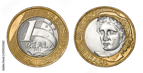 One brazilian real coin, front and back faces