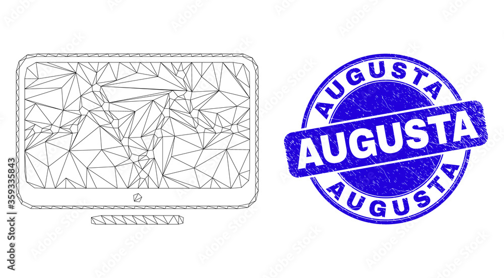 Web mesh online dotted chart icon and Augusta seal. Blue vector rounded scratched seal with Augusta message. Abstract frame mesh polygonal model created from online dotted chart icon.