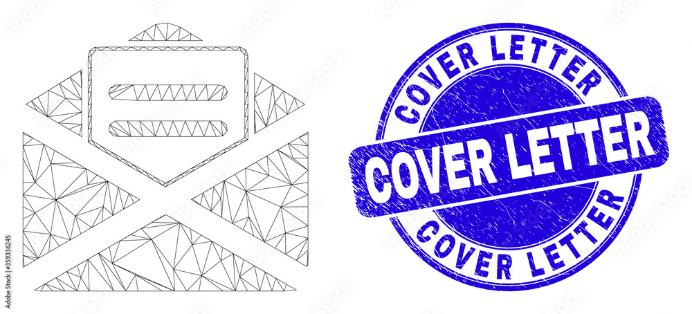 Web carcass open mail pictogram and Cover Letter watermark. Blue vector round grunge seal with Cover Letter message. Abstract carcass mesh polygonal model created from open mail pictogram.