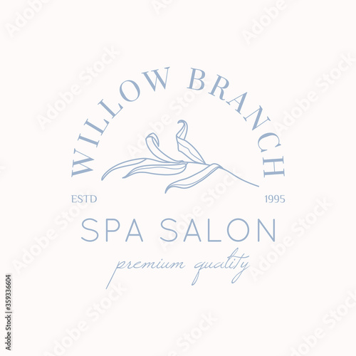 Willow branch with leaves logo design template in simple minimal linear style. Abstract Feminine Vector Signs