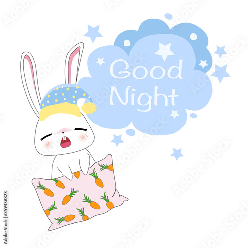 cute rabbit sleepy and pillow on goodnight text. sweet dream concept card. vector illustration.