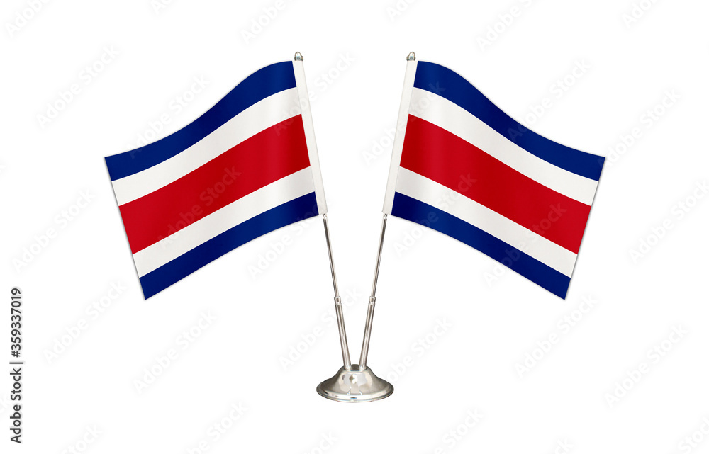 Costa Rica table flag isolated on white ground. Two flag poles with
