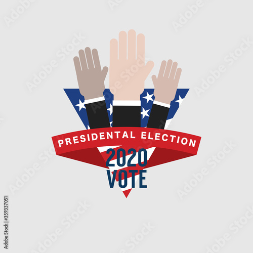 Raising Hands Under the Flag of the United States of America To exercise the right to vote in the United States presidential election Logo Banner Vector Illustration.