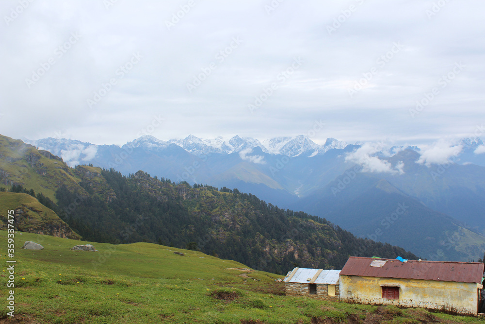 landscape view of Himalayan meadow with some houses in between.