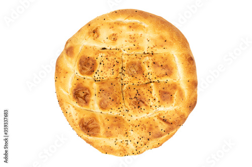 "Pide" bread made specially for the month of Ramadan, isolated on a white background. Top view.