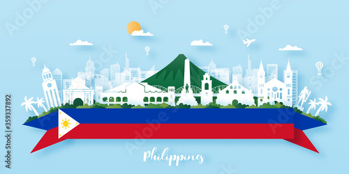 Philippines Travel postcard, poster, tour advertising of world famous landmarks. Vectors illustrations