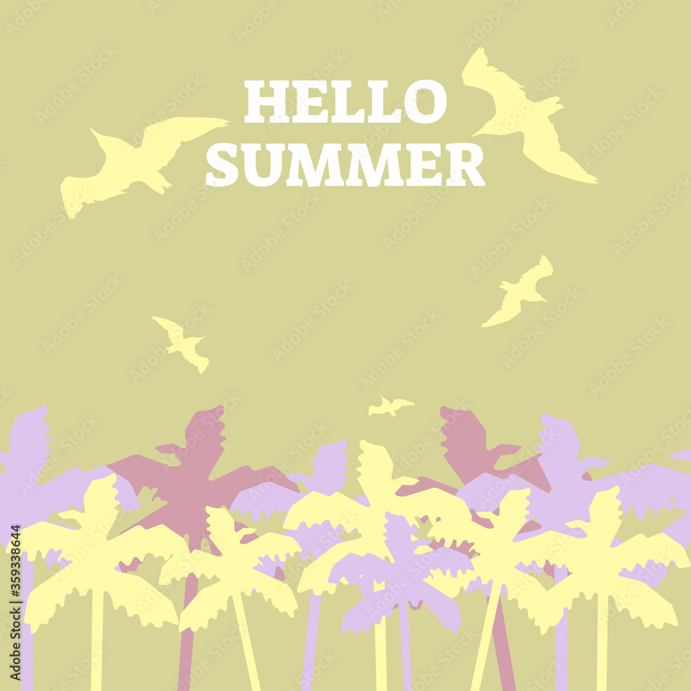 Horizontal square pattern with the image of palm trees and birds . With the caption Hello summer . Background vector illustration Horizontal square pattern with the image of palm trees and birds . With the caption Hello summer . Background vector illustration