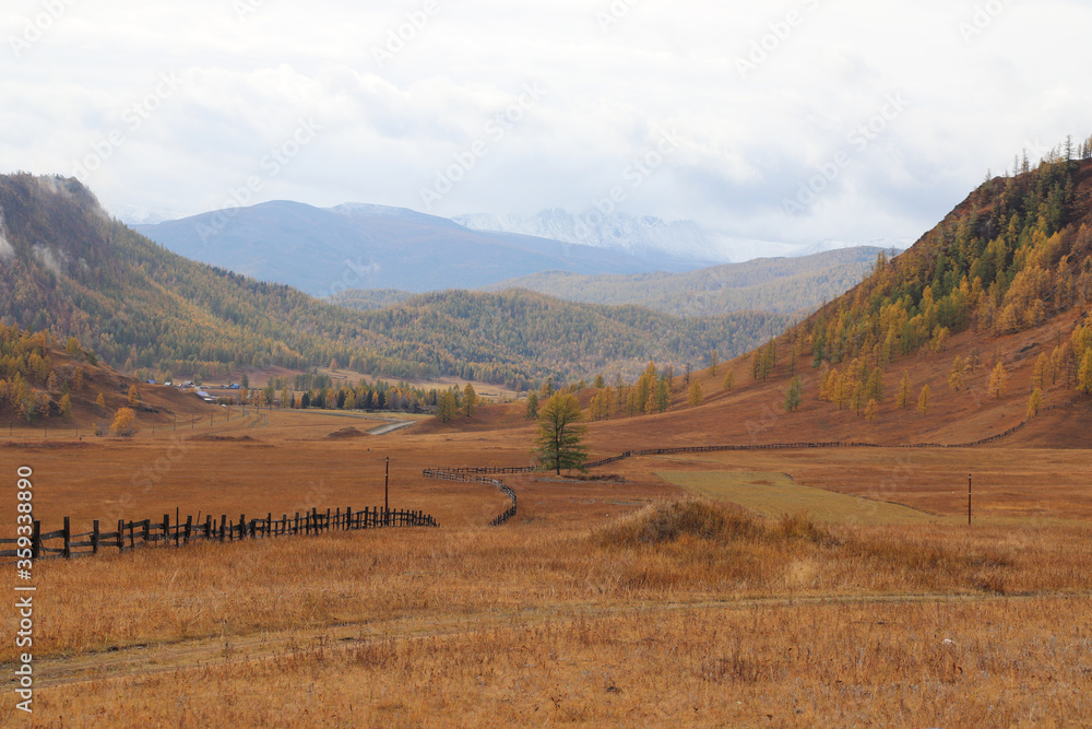Obraz premium The autumn rural landscape in Altai mountains, view on the Karakol (Karakolskaya) valley in the morning. Ethno-natural park 'Uch-Enmek', Siberia, Russia
