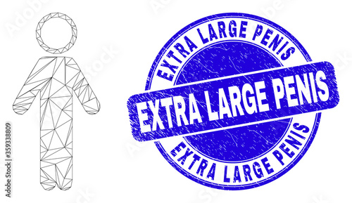 Web mesh person pictogram and Extra Large Penis stamp. Blue vector rounded grunge stamp with Extra Large Penis title. Abstract frame mesh polygonal model created from person pictogram.