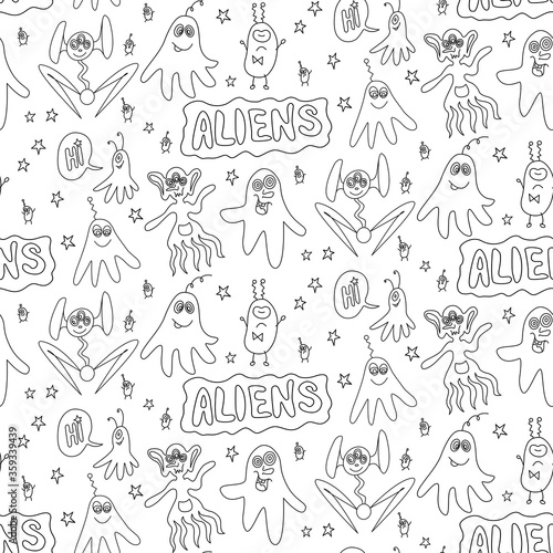 Vector color seamless childish pattern with cute outline monsters aliens  space doodles  lettering. Baby background perfect for fabric  wrapping  wallpaper  textile  apparel  cover  coloring book