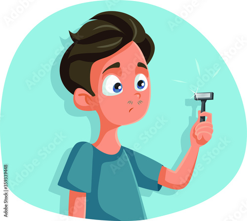  Teen Boy Holding Razor for First Shave Vector Cartoon