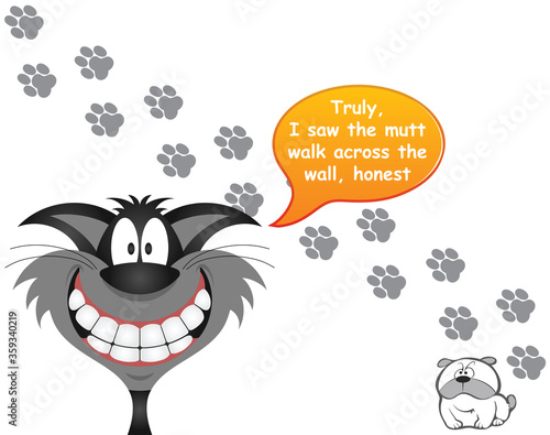 Comical cat blaming the innocent dog for leaving paw prints across the wall with the blameless pooch looking on 