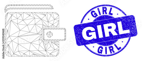 Web mesh purse pictogram and Girl seal stamp. Blue vector rounded scratched seal with Girl message. Abstract carcass mesh polygonal model created from purse pictogram.