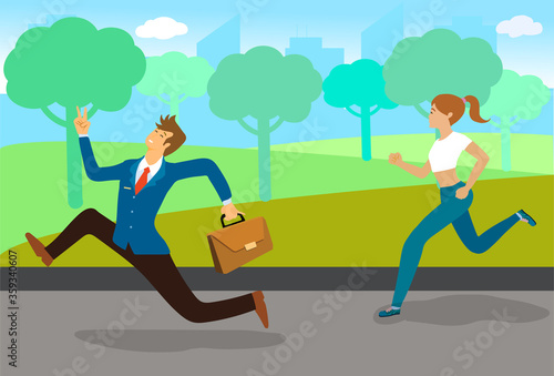 Businessman hurry to work with running  through runners woman in the park. Flat cartoon vector illustration.