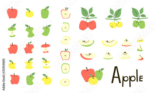 Fototapeta Naklejka Na Ścianę i Meble -  Apple whole, cut, bitten, apple core. Apple half and slices. Apple tree branches with leaves. Set of vector objects in red, yellow, green colors isolated on white. Positive flat design. Cartoon style