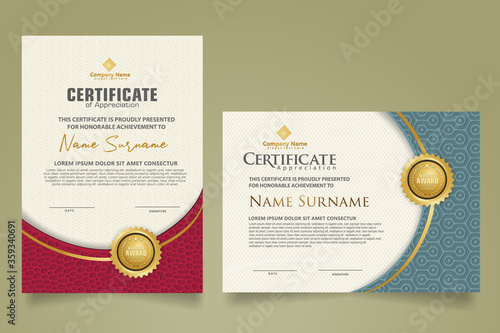 Set modern certificate template with dynamic and futuristic texture on curve ornament and modern pattern background