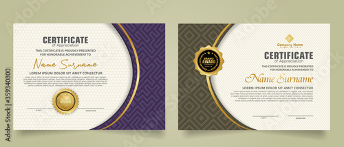 Set modern certificate template with dynamic and futuristic texture on curve ornament and modern pattern background