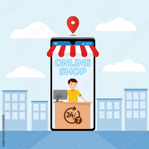 Mobile application for shopping, Online supermaket, Smartphone with shopping app.
