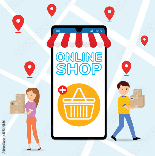 Mobile application for shopping, Online supermaket, Smartphone with shopping app.