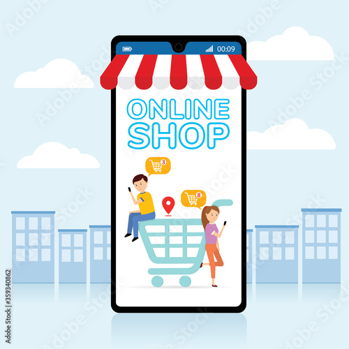 Mobile application for shopping, Online supermaket, Smartphone with shopping app.