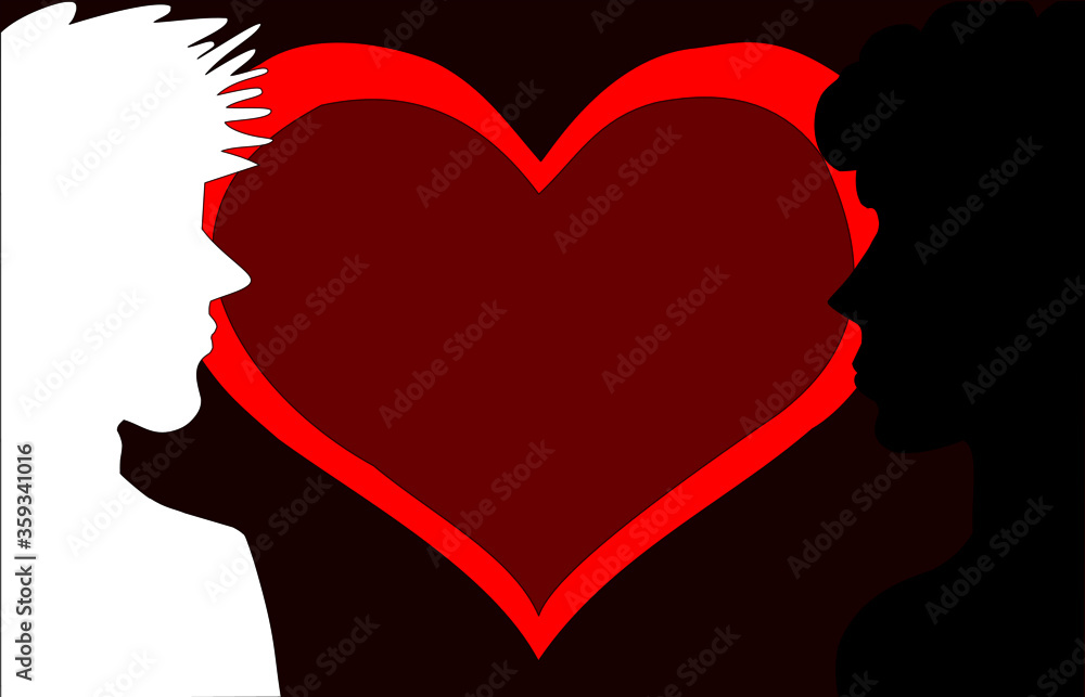 Interracial love, white and black couple wrapped in a heart, vector illustration, man and woman