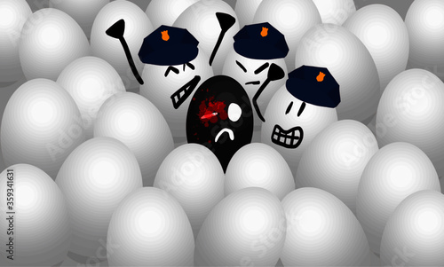 3D vector illustration, structural racism and police violence against blacks, white eggs with police cap attacking a black egg, blood, black lives matter, anti racism, stop killing black people