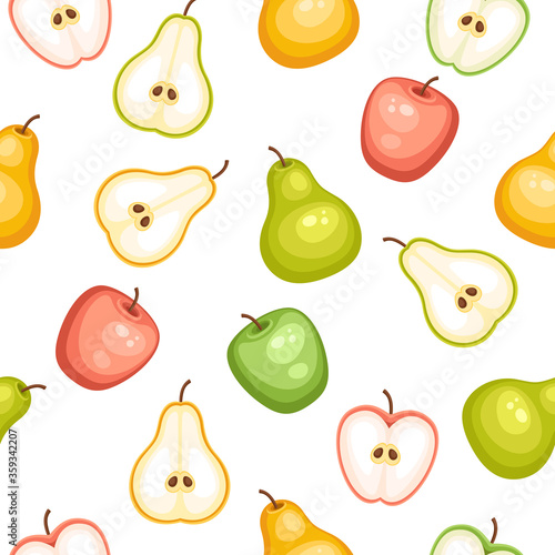 Fruit seamless pattern with apples and pears on white background