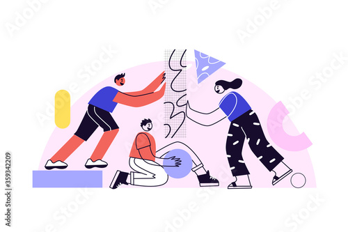 Business concept. Command metaphor. People juggling elements. Vector illustration of the style of flat design. Symbol of teamwork, collaboration, partnership.