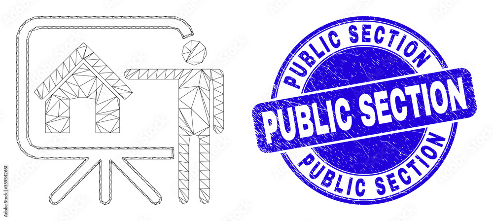 Web mesh realtor public report pictogram and Public Section seal stamp. Blue vector round grunge stamp with Public Section phrase.